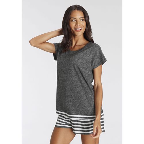 Shorty VIVANCE DREAMS, Damen, Gr. 56/58, schwarz (schwarz geringelt), Single Jersey, Obermaterial: 50% Baumwolle, 50% Polyester, Basic kurz, Rundhals, Kurzarm Raglanärmel, Homewear-Sets, mit Streifen-Details