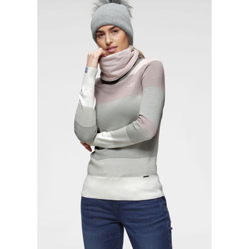 Rollkragenpullover KANGAROOS, Damen, Gr. 40/42 (M), beige (beige, rosa), Strick, Obermaterial: 50% Baumwolle, 50% Polyacryl, meliert, gestreift, casual, figurbetont hüftlang, Langarm Rippbündchen, Pullover Pullover Rollkragenpullover Stehkragenpullover Strickpullover, gestreift mit hohem Stehkragen