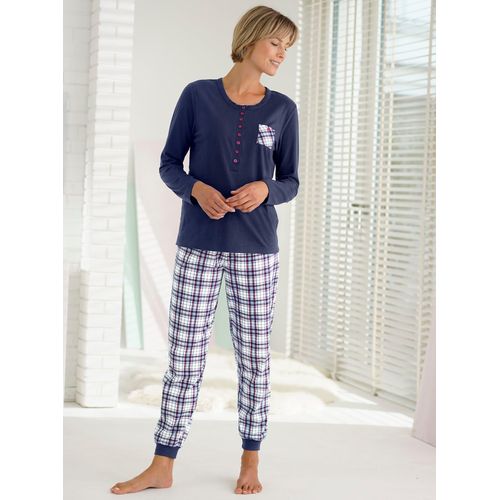 Schlafanzug WÄSCHEPUR, Damen, Gr. 44/46, blau (marine, kariert), 100% Baumwolle, Langarm, Homewear-Sets