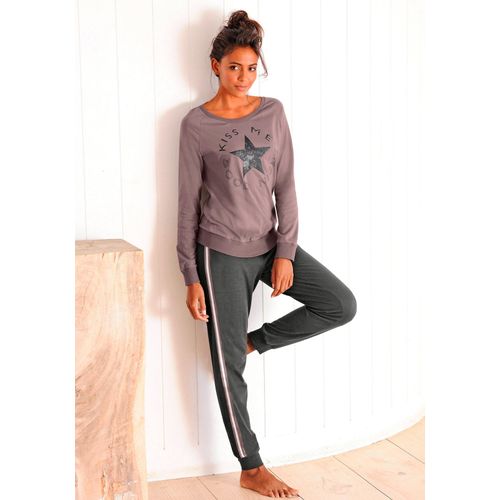 Pyjama BUFFALO, Damen, Gr. 32/34, lila (mauve, schwarz), Single Jersey, Obermaterial: 100% Baumwolle, Basic, Basic lang, Rundhals, Langarm Raglanärmel Rippbündchen, Homewear-Sets, mit Sternenprint