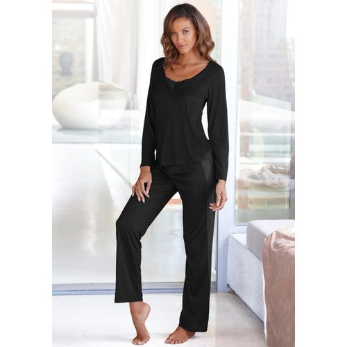 Pyjama LASCANA, Damen, Gr. 40/42, schwarz, Single Jersey, Obermaterial: 100% Viskose, unifarben, elegant, bequem lang, V-Ausschnitt, Langarm abgesteppte Kante, Homewear-Sets, mit Details aus Spitze