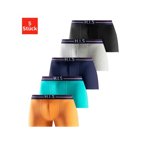 Boxer H.I.S Gr. S (4), bunt (orange, mint, navy, grau, meliert, schwarz) Herren Unterhosen mit Streifen und Markenlogo im Bund