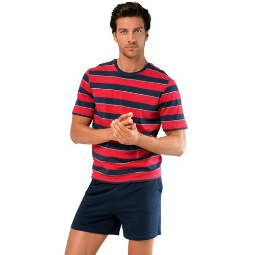 Shorty H.I.S, Herren, Gr. 60/62, bunt (rot, navy, gestreift, navy), Jersey, Obermaterial: 100% Baumwolle, gestreift, kurz, Rundhals, Kurzarm abgesteppte Kante, Homewear-Sets, mit aufwendig gestreiftem Oberteil