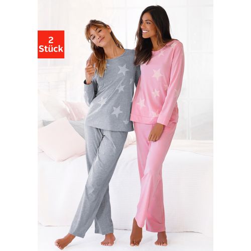 Pyjama ARIZONA, Damen, Gr. 44/46, bunt (grau, rosa, sterne), Single Jersey, Obermaterial: 60% Baumwolle, 40% Polyester. Graumeliert (Obermaterial): 90% Baumwolle, 10% Polyester, sportlich, bequem lang, Rundhals, Langarm Bündchen, Homewear-Sets, in melierter Optik