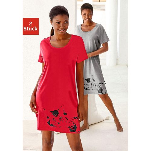 Nachthemd VIVANCE DREAMS, Damen, Gr. 56/58, N-Gr, rot (rot, grau), Jersey, Obermaterial: 100% Baumwolle. Obermaterial 2: 90% Baumwolle, 10% Polyester, unifarben, meliert, animal-print, Basic, Basic ca. Mitte Oberschenkel, Rundhals, Kurzarm, Kleider, mit Katzenprint