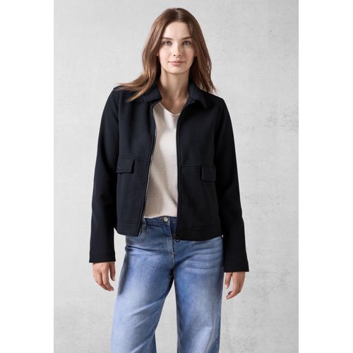 Kurzjacke CECIL, Damen, Gr. XXL (46), blau (universal blau), Stoff, 90% Polyester, 10% Viskose, unifarben, casual, normal normal, V-Ausschnitt, Langarm abgesteppt, Jacken, mit Kragen