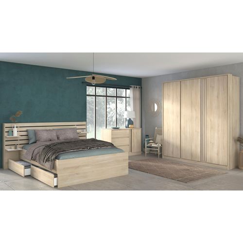 Schlafzimmer-Set PARISOT, braun (eiche), B/H: 140cm x 200cm, Schlafzimmermöbel-Sets, viel Stauraum, schöne Optik, Einsätze an Schrank und Kommode drehbar