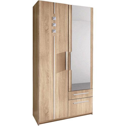 Kleiderschrank PRIESS, braun (struktureichefarben hell), B:94cm H:193cm T:54cm, Holzwerkstoff, Schränke, 1-bis 5-türig, mit silberfarbigen Applikationen