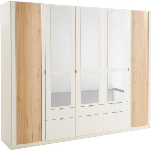 Kleiderschrank PRIESS, weiß (weiß, edelbuchefarben), B:230cm H:193cm T:54cm, Holzwerkstoff, Schränke, Drehtürenschrank Kleiderschrank, mit gerundeten Elementen auf den Außentüren