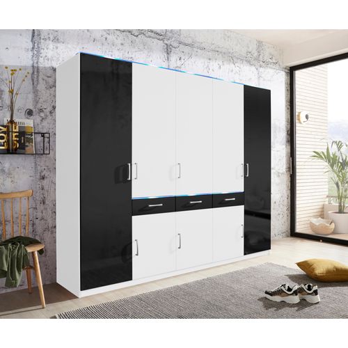 Kleiderschrank PRIESS, schwarz (weiß, schwarz hochglanz), B:230cm H:193cm T:55cm, Holzwerkstoff, Schränke, wahlweise mit Kranzbeleuchtung