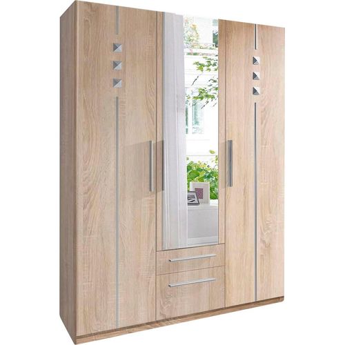 Kleiderschrank PRIESS, braun (struktureichefarben hell), B:140cm H:193cm T:54cm, Holzwerkstoff, Schränke, 1-bis 5-türig, mit silberfarbigen Applikationen