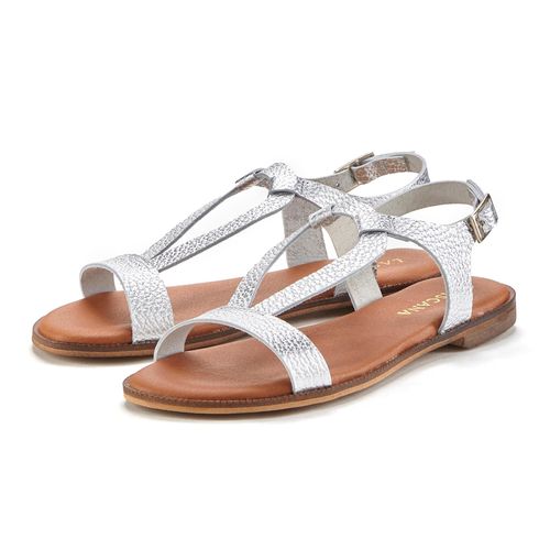 Sandale LASCANA Gr. 35, silberfarben Damen Schuhe Sandalette, Sommerschuh aus hochwertigem Leder im Metallic-Look