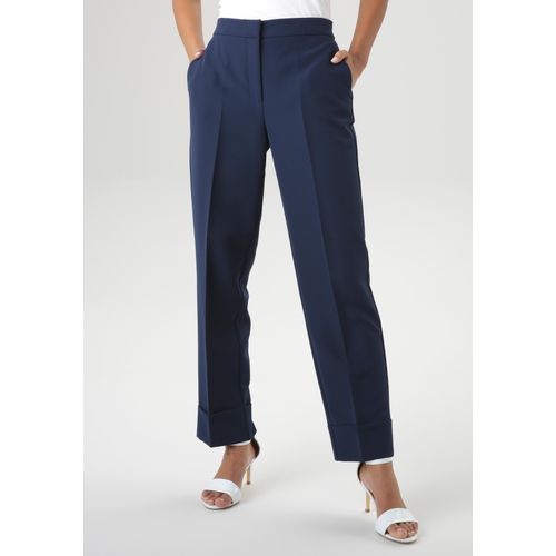 Anzughose ANISTON SELECTED, Damen, Gr. 44, N-Gr, blau (dunkelblau), Web, Obermaterial: 95% Polyester, 5% Elasthan, unifarben, modisch, figurumspielend knöchelfrei, Hosen, mit Bügelfalten