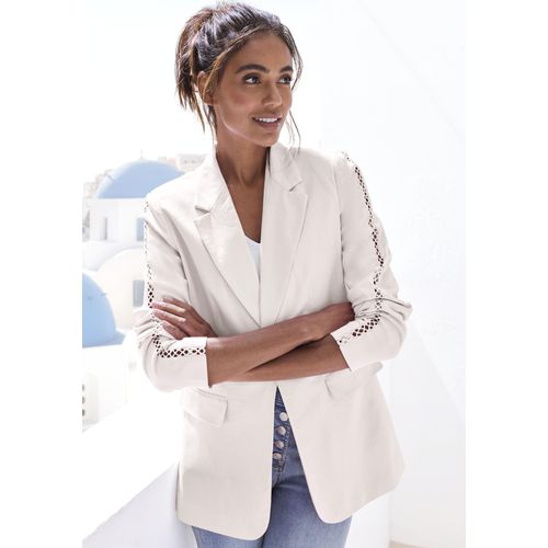 Longblazer LASCANA Gr. 38, beige (creme) Damen Blazer mit Häkeleinsatz an den Ärmeln, aus Leinenmix