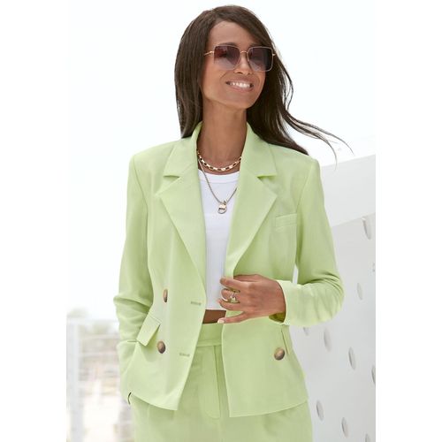 Kurzblazer LASCANA, Damen, Gr. 46, grün (limone), Web, Obermaterial: 64% Polyester, 32% Viskose, 4% Elasthan. Futter: 100% Polyester, unifarben, modisch, figurbetont hüftlang, Langarm, Blazer, mit doppelreihigem Knopfverschluss, Damenblazer, sportlich-elegant