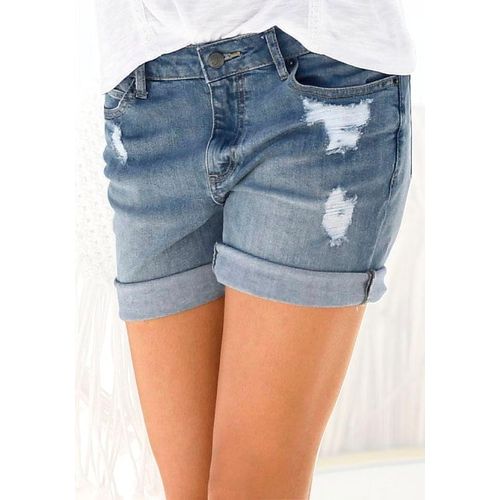 Jeansbermudas BUFFALO, Damen, Gr. 40, N-Gr, blau (blau washed), Denim/Jeans, Obermaterial: 98% Baumwolle, 2% Elasthan, Destroyed-Effekte, figurumspielend kurz, Jeans, mit Destroyed-Effekten, Shorts zum Krempeln, kurze Hose
