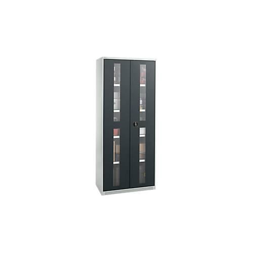 Schäfer Shop Genius Flügeltürenschrank FS, Stahl, Sichtfenster, Lüftungslöcher, B 810 x T 520 x H 1950 mm, 5 OH, Lichtgrau/Anthrazitgrau, bis 300 kg