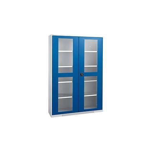 Schäfer Shop Genius Flügeltürenschrank FS, Stahl, Sichtfenster, Lüftungslöcher, B 1343 x T 520 x H 1950 mm, 5 OH, Weißalu/Enzianblau, bis 750 kg