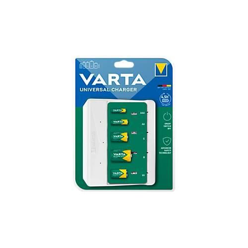 Akkuladegerät für Batterien Varta, 2x o. 4x AA/AAA/C/D & 1x 9V, Ladezeit 4,5 h, USB-C (inkl. Kabel), 100-240 V, B 154 x T 49 x H 129 mm, weiss