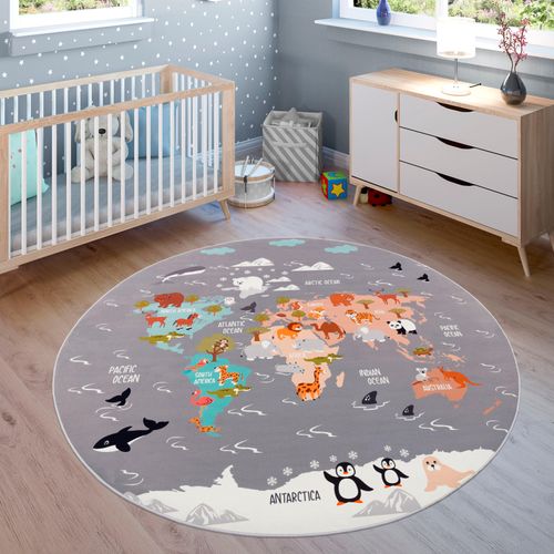 Paco Home Kinderteppich »Bino 581«, rund, 4 mm Höhe, Spielteppich, Motiv Weltkarte & Tiere, Kinderzimmer