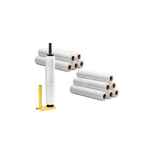 Sparset Handabroller für Stretchfolie + 12 Rollen Stretchfolie, Abroller für Rollen mit B 450-500 mm, Stahl, Stretchfolie L 300 m x B 500 mm, PE