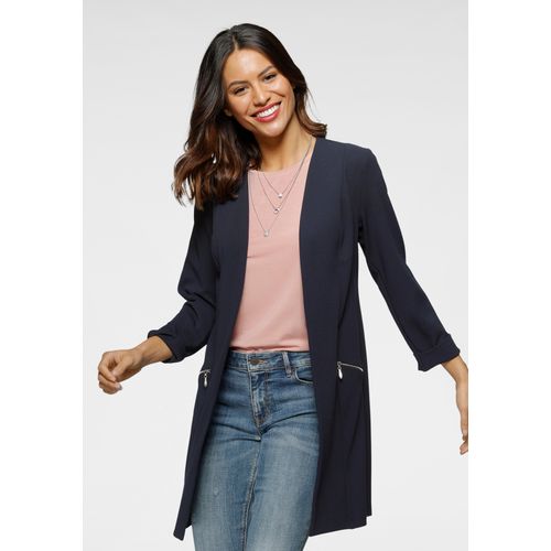 Longblazer LAURA SCOTT, Damen, Gr. 42, blau (marine), Jersey, Obermaterial: 97% Polyester, 3% Elasthan, feminin, figurbetont, tiefer V-Ausschnitt, 3/4-Ärmel, Blazer, mit Reißverschlüssen