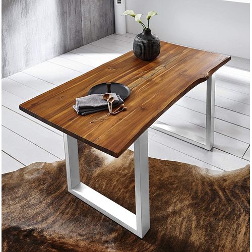 Refurbished Möbelretoure Baumkanten Esstisch Akazie/cognac 140 x 80 cm edelstahl ESRA