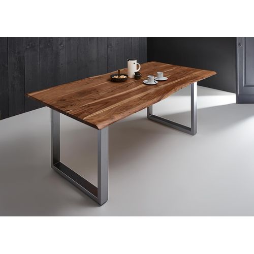 Esstisch Baumkante massiv Akazie nussbaum 160 x 85 U-Gestell silber MILO