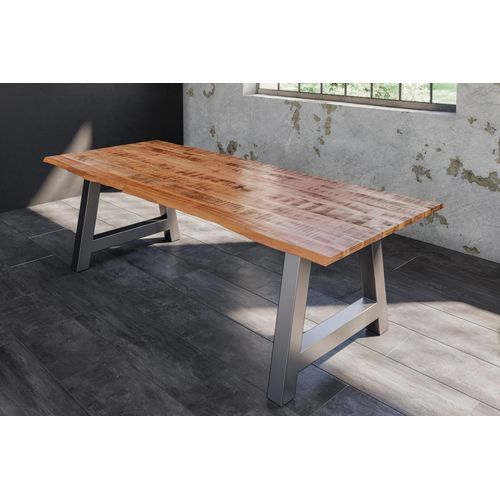 Refurbished Möbelretoure Baumkantentisch Esstisch Mangoholz massiv A-Gestell silber 220 x 100 cm DORA