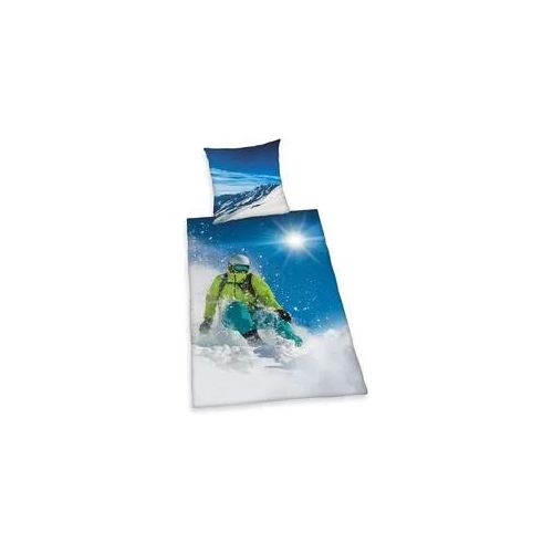 Herding 4459251050 - Young Collection, Ski Fahrer, Bettwäsche-Set, Cotton, blau, 80x80cm, 135x200cm