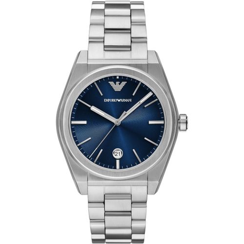 Quarzuhr EMPORIO ARMANI, silber (silberfarben, blau), Armbanduhren, Herren, Armbanduhr, Herrenuhr, Edelstahlarmband, analog, Tag