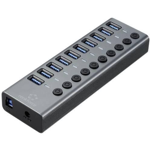 Renkforce RF-6027504 10 Port USB 3.2 Gen 2-Hub einzeln schaltbar, mit Aluminiumgehäuse Silber-Schwarz