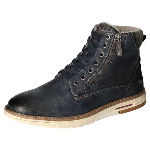 Winterboots MUSTANG SHOES, Herren, Gr. 42, blau (navy used), Lederimitat, used, casual, Schuhe, Schnürboots, Casual-Stiefelette mit kariertem Einsatz am Schaftrand