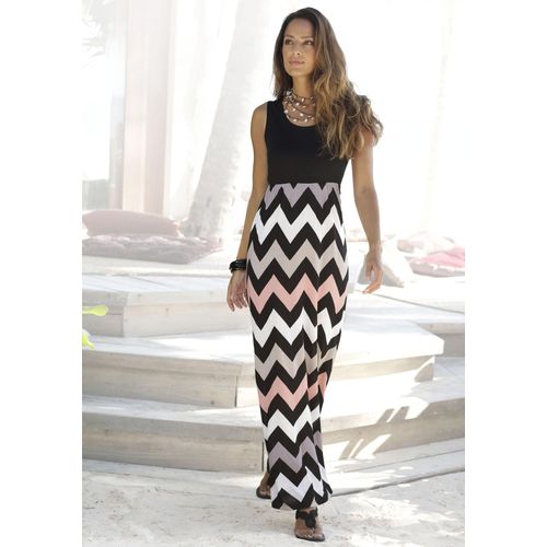 Maxikleid LASCANA, Damen, Gr. 40, N-Gr, bunt (schwarz, rose, creme, taupe), Jersey, Obermaterial: 100% Viskose, modisch, figurumspielend bodenlang, Rundhals, ohne Ärmel, Kleider, mit Zick-zack-Druck, Sommerkleid, Strandkleid