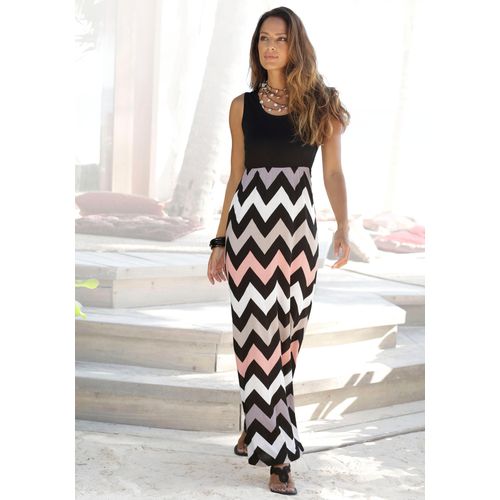 Maxikleid LASCANA, Damen, Gr. 42, N-Gr, bunt (schwarz, rose, creme, taupe), Jersey, Obermaterial: 100% Viskose, modisch, figurumspielend bodenlang, Rundhals, ohne Ärmel, Kleider, mit Zick-zack-Druck, Sommerkleid, Strandkleid