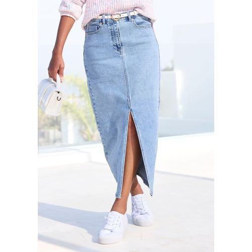 Jeansrock BUFFALO, Damen, Gr. 34, blau (light blau washed), Denim/Jeans, Obermaterial: 98% Baumwolle, 2% Elasthan, unifarben, casual, figurumspielend knöchellang, Röcke, in modischer Midilänge, elastischer Denimrock mit Schlitz, Sommerrock, Topseller