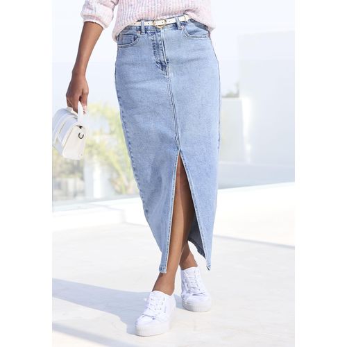 Jeansrock BUFFALO, Damen, Gr. 38, blau (light blau washed), Denim/Jeans, Obermaterial: 98% Baumwolle, 2% Elasthan, unifarben, casual, figurumspielend knöchellang, Röcke, in modischer Midilänge, elastischer Denimrock mit Schlitz, Sommerrock, Topseller