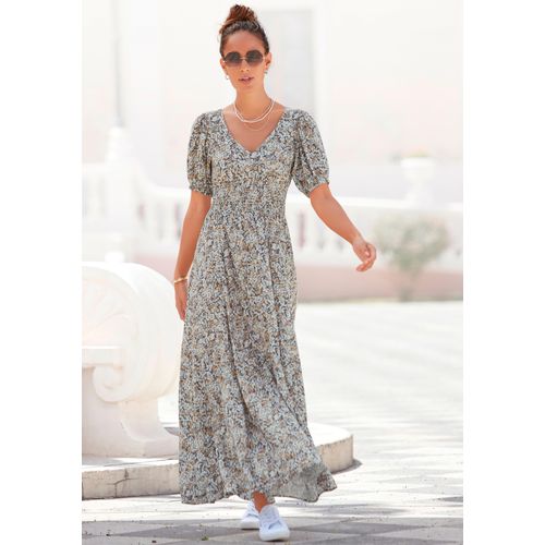 Maxikleid VIVANCE, Damen, Gr. 46, N-Gr, grau (grau, bedruckt), Web, Obermaterial: 100% Viskose, geblümt, modisch, figurbetont bodenlang, tiefer V-Ausschnitt, Kurzarm Puffärmel mit Gummizug, Kleider, mit Blümchendruck und V-Ausschnitt, luftiges Sommerkleid, Topseller