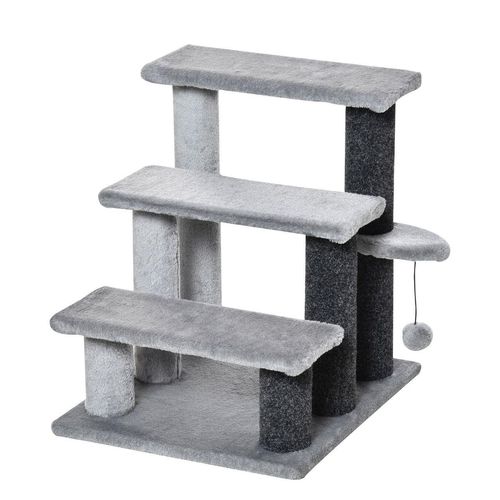 Haustiertreppe mit Ball 3-stufige Katzentreppe Hundetreppe Tiertreppe Spanplatte Plüsch Grau 45 x 40