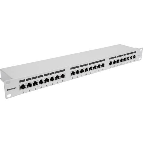 Intellinet 24-Port Cat6a Patchpanel geschirmt 1HE Kabeleinführung 90° abgewinkelt grau 24 Port Patch-Panel 483 mm (19) 1 HE Grau (RAL 7035) Bestückt