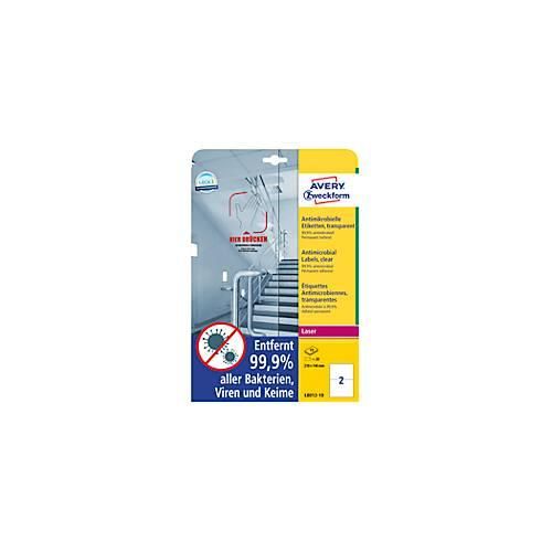 Avery Zweckform Etiketten Serie L8012-10, antimikrobiell, desinfektionsmittelbeständig, für Laserdrucker, 210 x 148 mm, 20 Stück/10 A4-Bogen, Folie, transparent