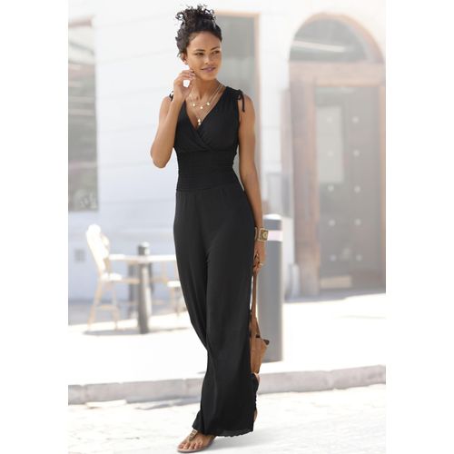 Overall LASCANA Gr. 42, N-Gr, schwarz, Damen, Jersey, Obermaterial: 100% Viskose, unifarben, Overalls, mit Bändern zum Raffen der Träger, sommerlicher Jumpsuit