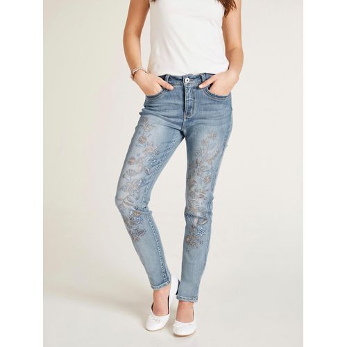 Röhrenjeans HEINE, Damen, Gr. 18, Kurzgrößen, blau (bleached), 68% Baumwolle, 19% Polyester, 11% Viskose, 2% Elasthan, geblümt, gemustert, lang, Jeans