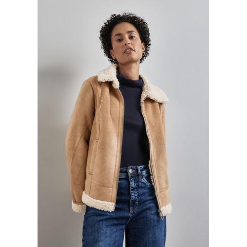 Fellimitatjacke STREET ONE, Damen, Gr. 40, beige (rich sand), Stoff, 100% Polyester, unifarben, casual, normal kurz, V-Ausschnitt, Langarm abgesteppt, Jacken, mit dekorativen Nähten