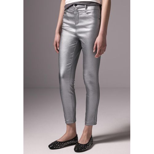 Röhrenhose STREET ONE STUDIO, Damen, Gr. 44, Länge 28, nova silber, Stoff, 74% Viskose, 23% Polyamid, 3% Elasthan, glänzend, casual, slim fit lang, Hosen, mit Glitzer-Effekt