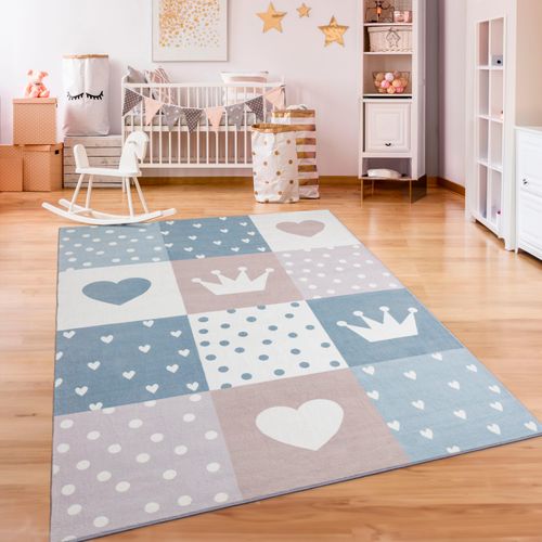 Kinderteppich PACO HOME "Eliz 391" Teppiche Gr. B: 140cm, 12mm, L: 200cm, beige Kinder Kurzflor, Spielteppich, Patchwork-Muster, Motiv Krone, Herz & Punkte