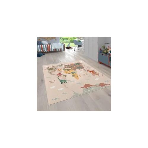 Kinderteppich PACO HOME "Bino 583" Teppiche Gr. B: 200cm, 4mm, L: 290cm, beige Kinder Spielteppich, Motiv Weltkarte & Dinosaurier, Kinderzimmer