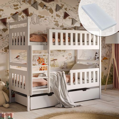 Hochbett 90x200 mit 2 Matratzen und 2 Schubladen Etagenbett mit Rausfallschutz und Lattenrost, umbaubar in zwei Kinderbetten, aus Vollholz massiv in weiß, Funktionsbett