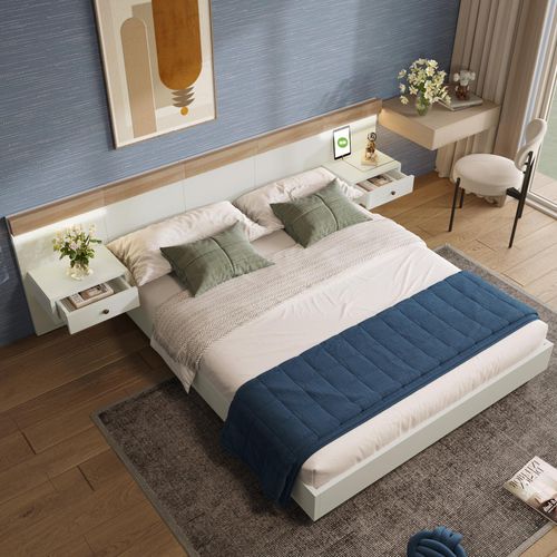 okwish Doppelbett 180 x 200 cm mit 2 LED-Nachttischen und USB-C-Buchse Bettsystem inkl. 2 Nachttische, Sonoma-Eiche/Weiß (Ohne Matratze)