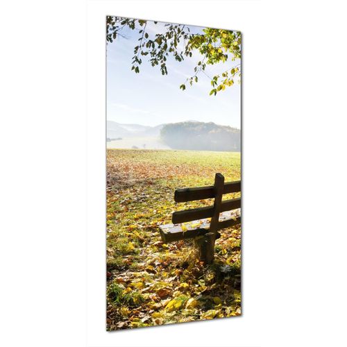 Wallario selbstklebende Duschrückwand 80 x 180 cm mit Motiv Idyllische Holzbank in den Bergen - Wandverkleidung mit Hochglanzlaminat in Glasoptik